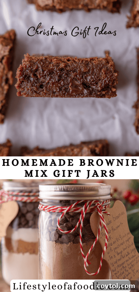 Pinterest pin for Brownie Mix in a Jar with festive ribbon