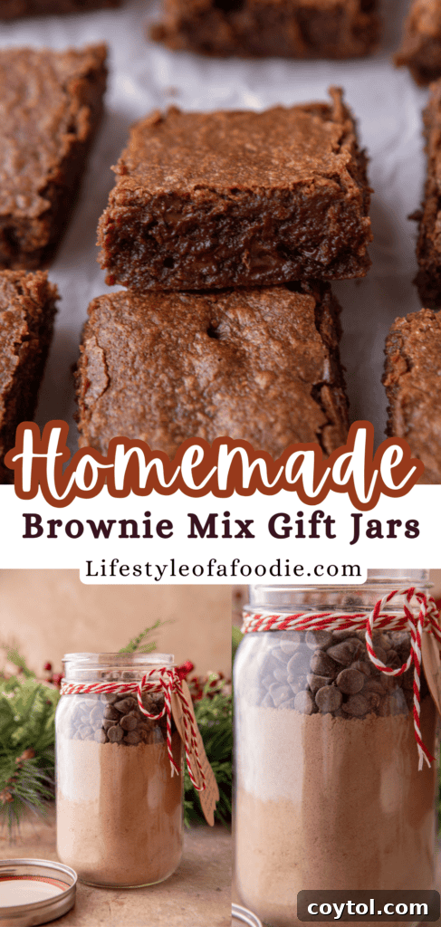 Pinterest pin for Brownie Mix in a Jar featuring baked brownies