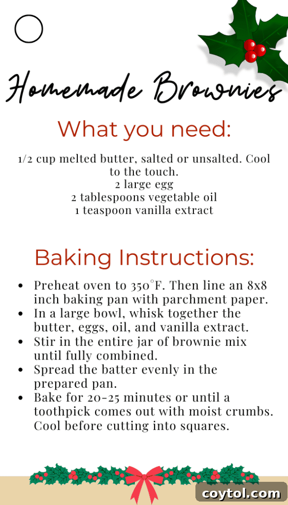 Printable gift tag with baking instructions for the Brownie Mix in a Jar
