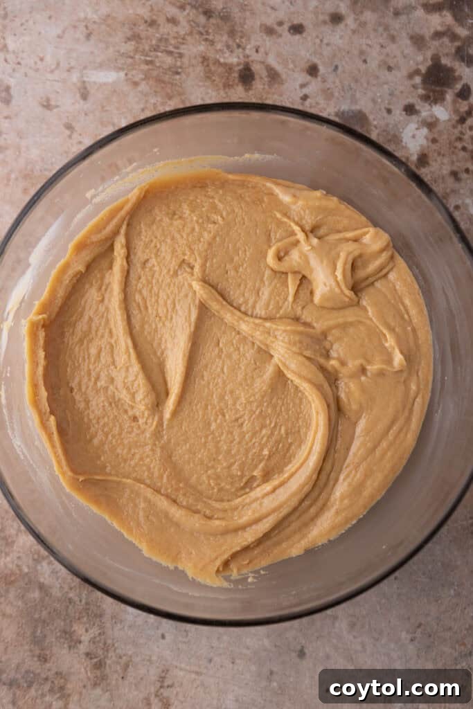 Instant Microwave Peanut Butter Fudge 7 A smooth, mixed bowl of microwave peanut butter fudge ingredients after melting and stirring.