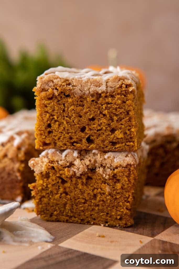 two pumpkin coffee cake recipe stacked on top of each other