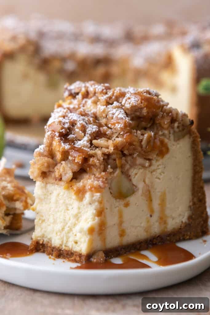 slice of the apple crisp cheesecake recipe on a plate