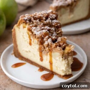 apple crisp cheesecake recipe slice with caramel on top