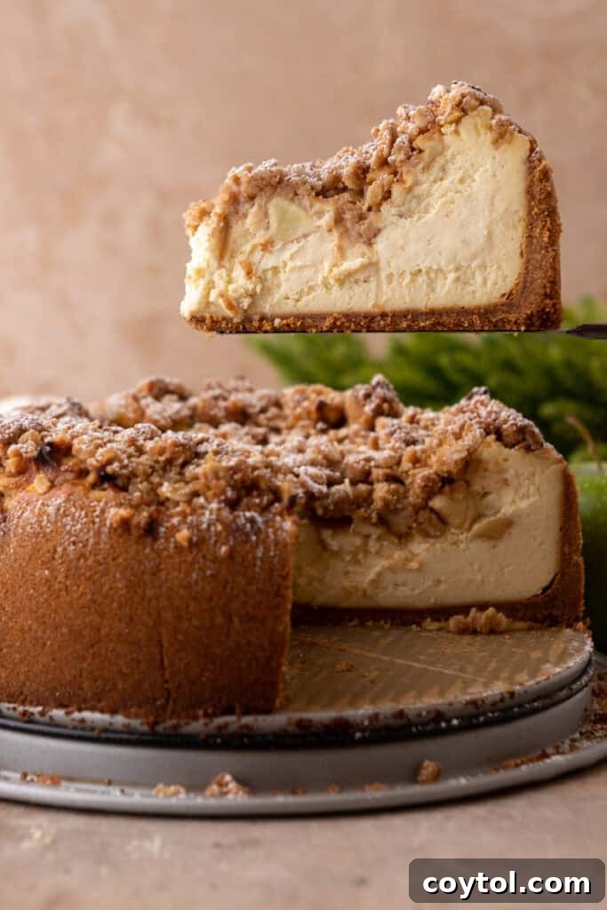 apple crisp cheesecake recipe with a slice being held up