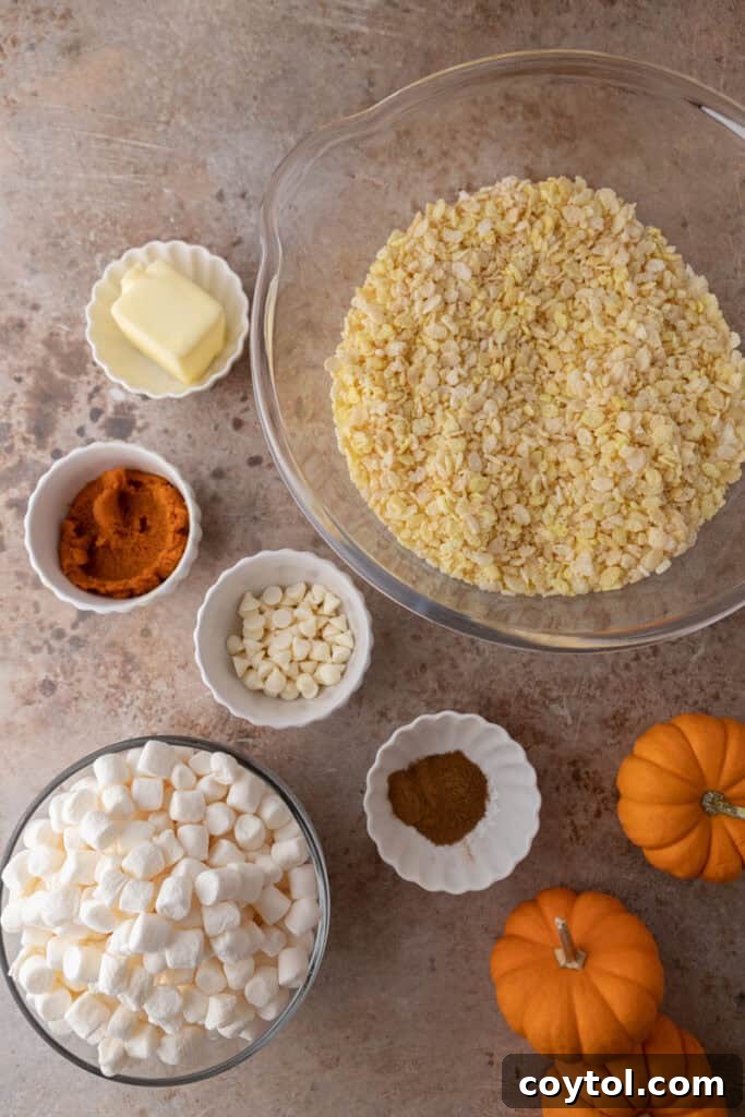 Autumn Pumpkin Rice Krispie Perfection 3 Overhead shot of all the ingredients for pumpkin rice krispie treats laid out on a table, including marshmallows, butter, pumpkin puree, spices, and rice cereal.