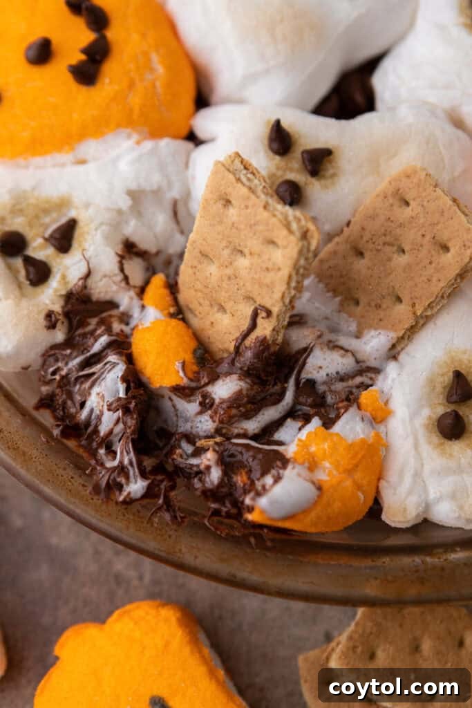 Wicked Good Halloween Smores Dip 8 Halloween S'mores Dip Recipe getting scooped up, close up on texture