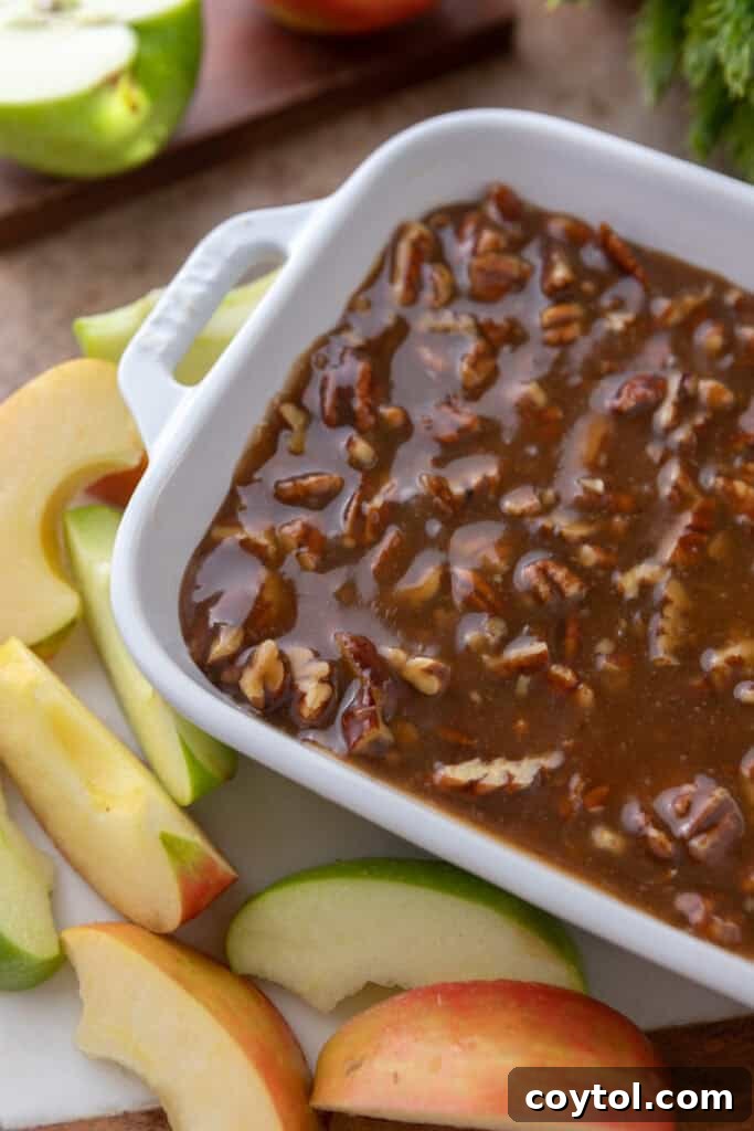 A beautifully presented pecan pie dip in a decorative dish.