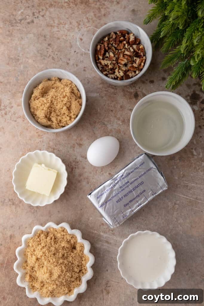 All the fresh ingredients laid out for making the easy pecan pie dip recipe.