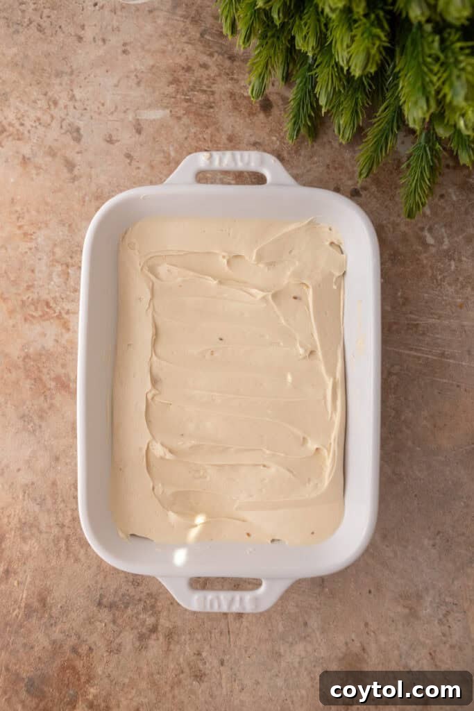 The smooth cream cheese layer spread evenly in a serving dish.