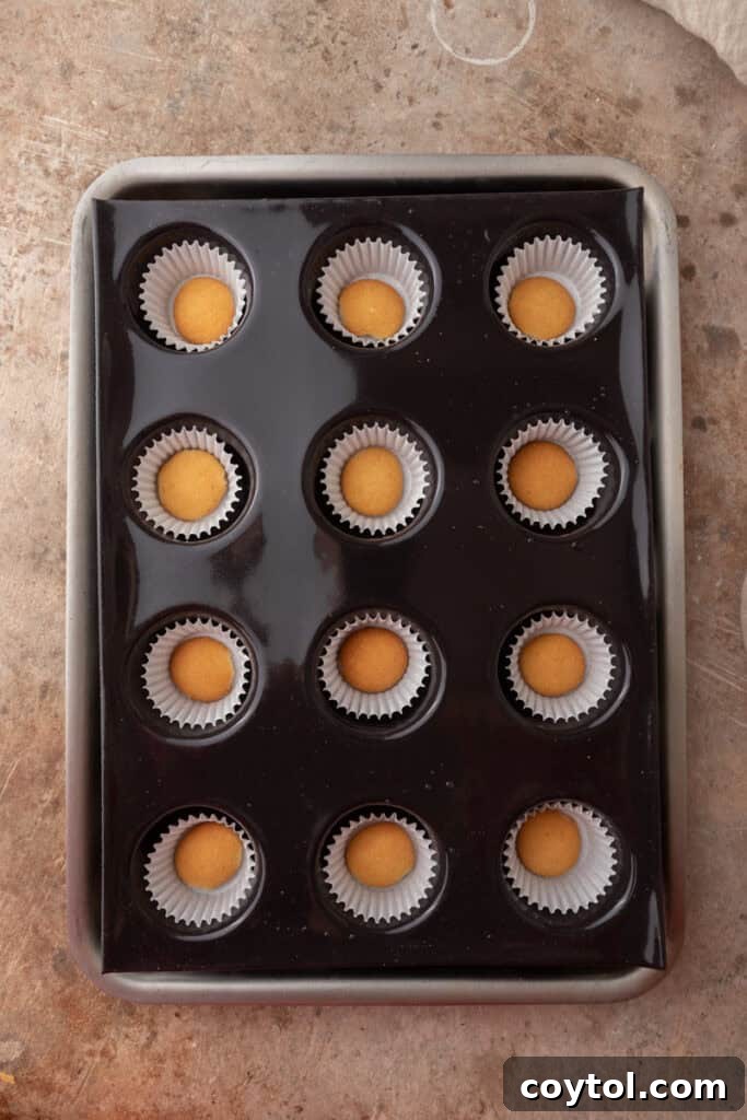 Mini Nilla Wafers placed neatly in cupcake liners in a muffin tin, forming the crusts.