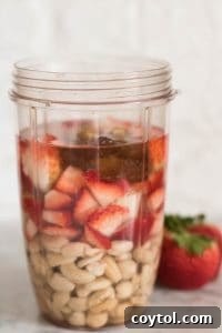 Ingredients for strawberry cashew milk in a blender