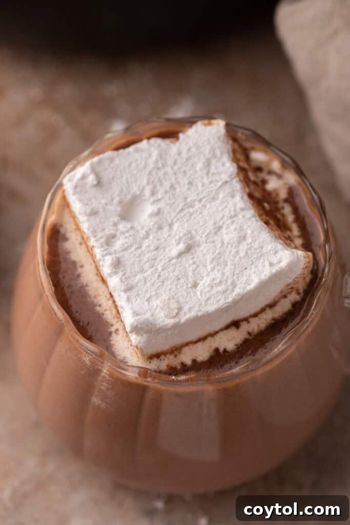 close up of a homemade marshmallow melting in hot cocoa