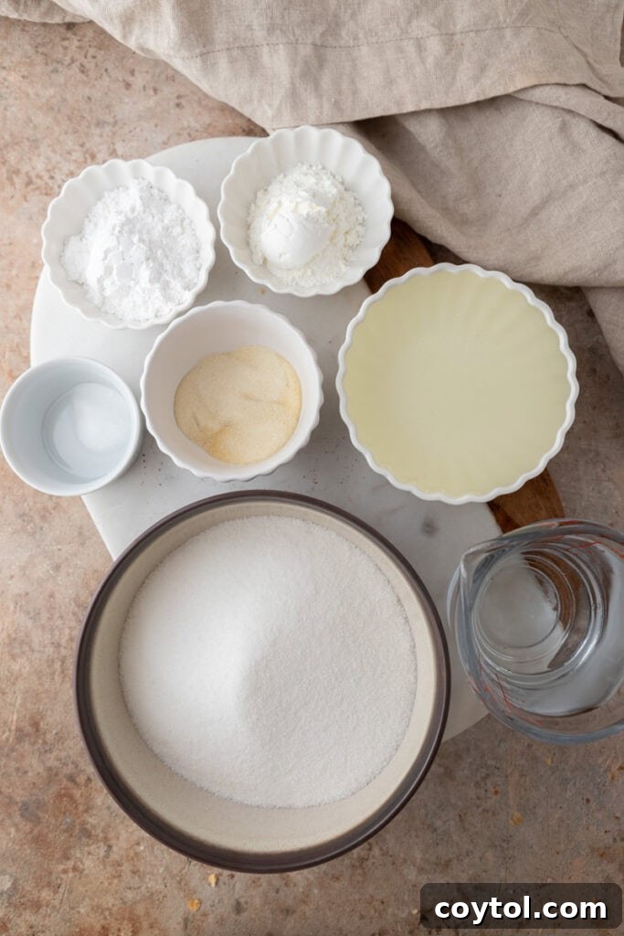 homemade marshmallow ingredients laid out on a kitchen counter
