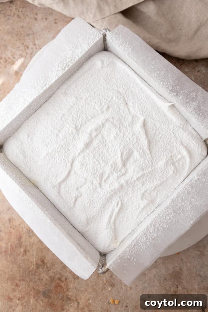finished marshmallow mixture spread evenly in a prepared pan, ready to set