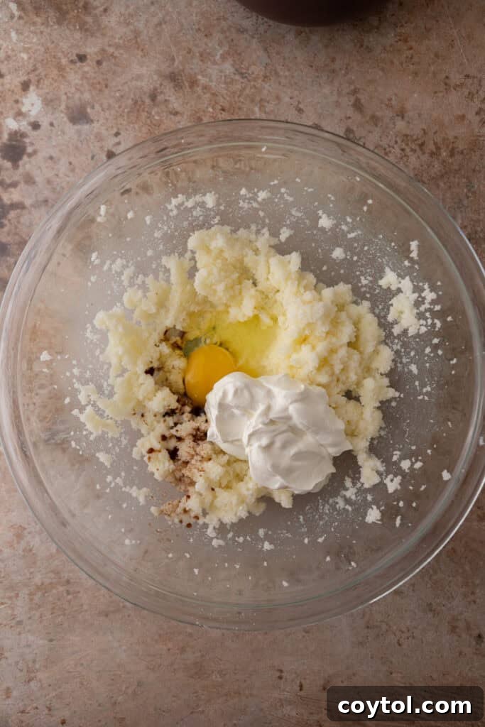 Pillowy Old-Fashioned Sour Cream Sugar Cookies 5 Butter, sugar, sour cream, egg, and vanilla extract in a mixing bowl.