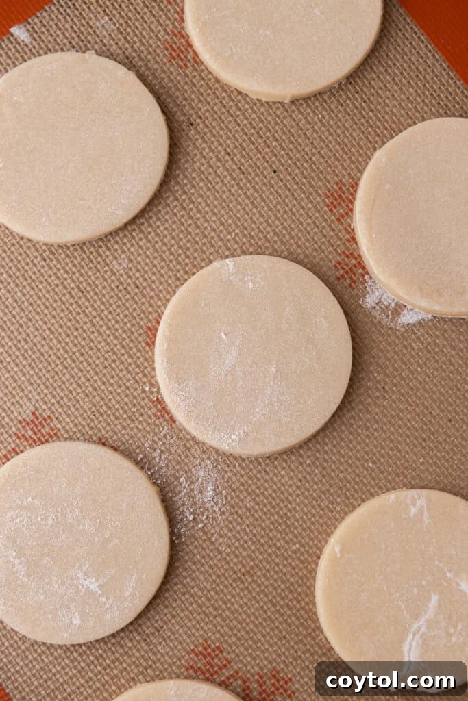 Pillowy Old-Fashioned Sour Cream Sugar Cookies 10 Round sour cream sugar cookie dough cutouts arranged on a baking sheet before baking.