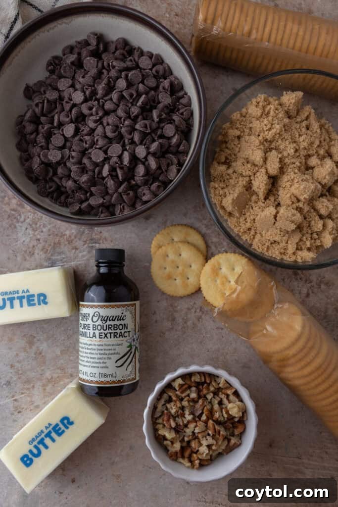 Flatlay of key ingredients for Ritz Cracker Toffee Christmas Crack: chocolate chips, brown sugar, butter, Ritz crackers, vanilla extract, and pecans, neatly arranged.
