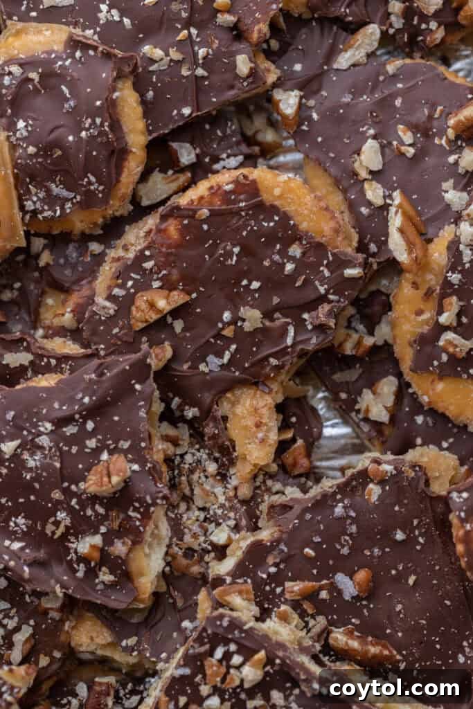 Close-up of golden brown Ritz Cracker Toffee Christmas Crack pieces, sprinkled with pecans and flaky salt, ready to be enjoyed as a holiday treat.