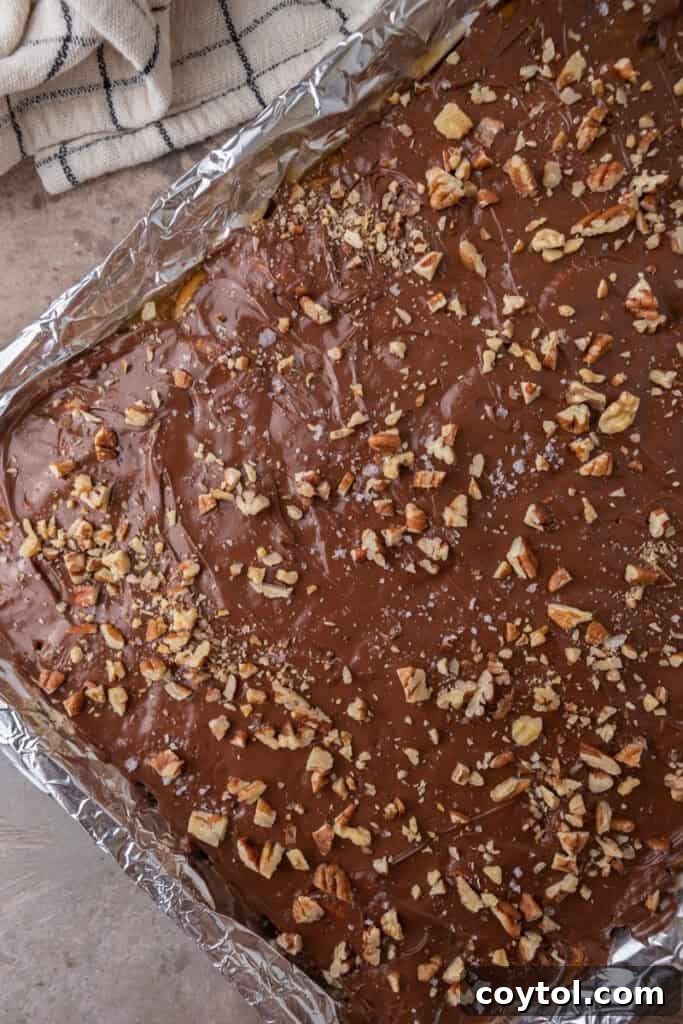 Melted chocolate smoothly spread over the Ritz crackers and toffee, creating a luxurious and even top layer.