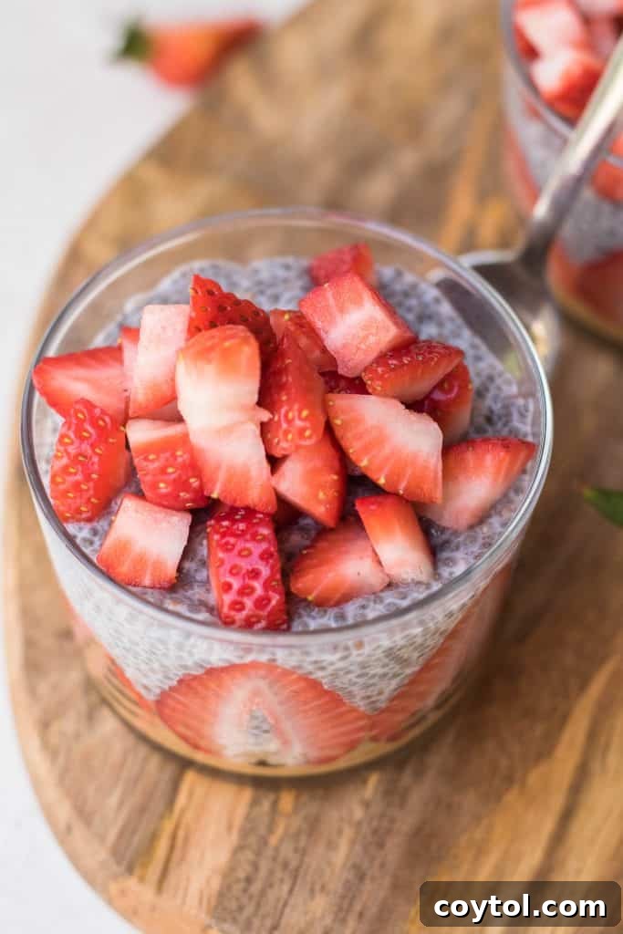 Strawberry Peanut Butter Chia Dream 20 Finished strawberry peanut butter chia seed pudding with toppings.