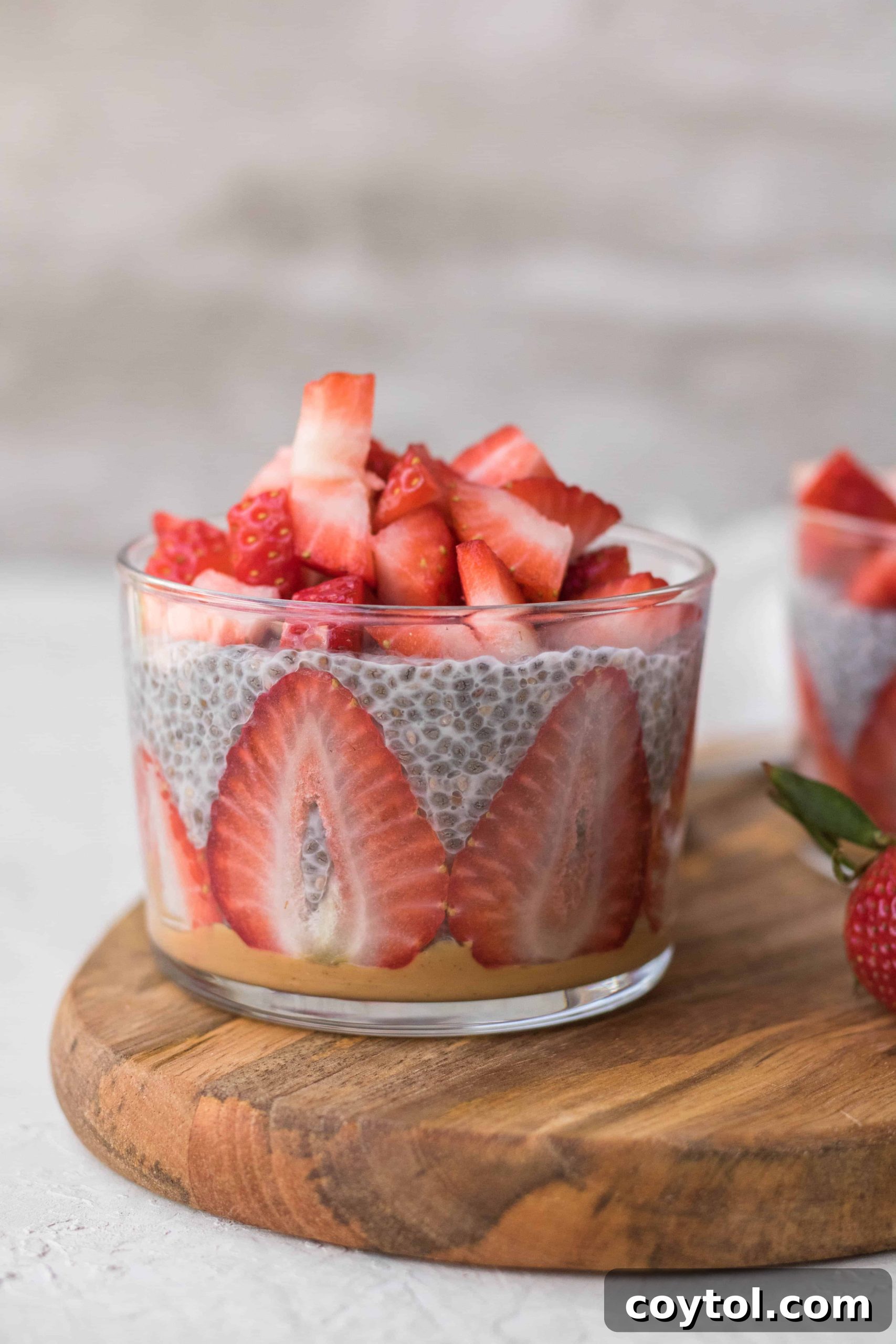 Strawberry Peanut Butter Chia Dream 3 Close-up of a glass cup with layers of strawberry chia pudding and fresh fruit, illustrating the ease of preparation.