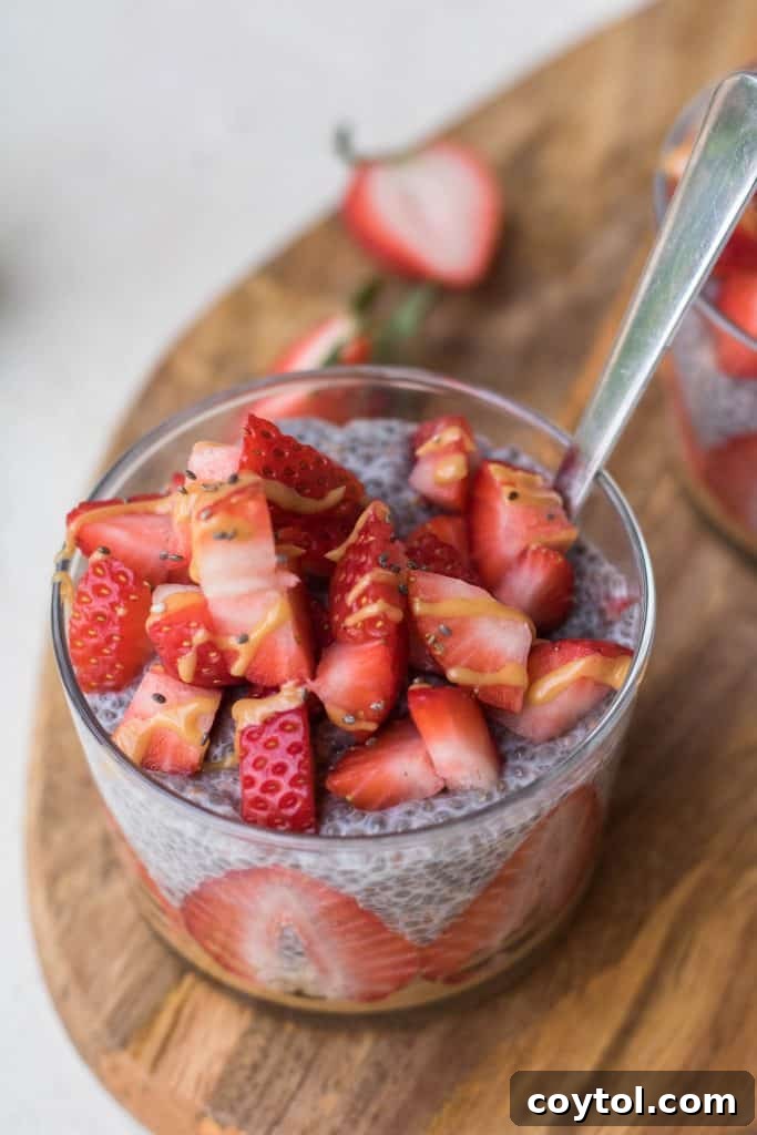 Strawberry Peanut Butter Chia Dream 21 Another view of the beautifully topped strawberry peanut butter chia seed pudding.