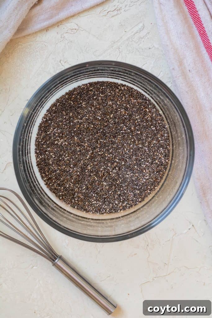 Strawberry Peanut Butter Chia Dream 8 Bowl of chia seeds with almond milk poured over it.