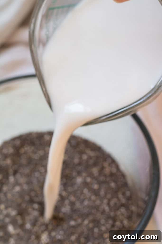 Strawberry Peanut Butter Chia Dream 9 Stirring chia seeds, almond milk, and sweetener in a bowl.
