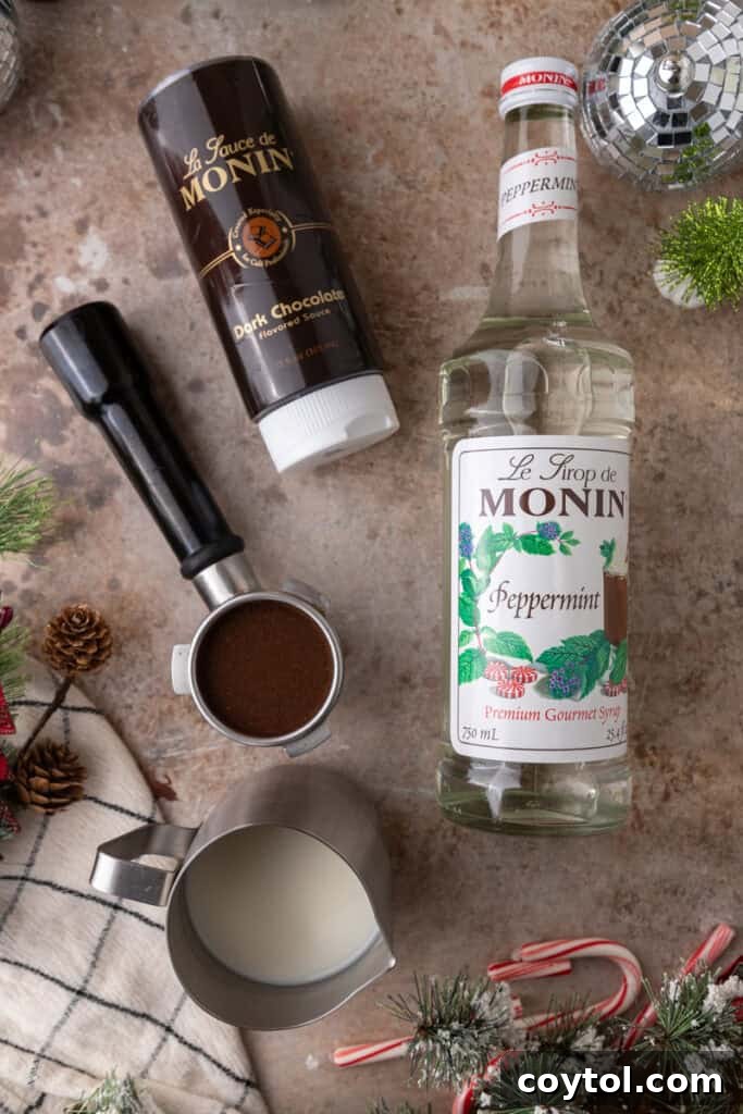 Mastering Starbucks Peppermint Mocha at Home 3 Ingredients laid out for a homemade Starbucks Peppermint Mocha recipe
