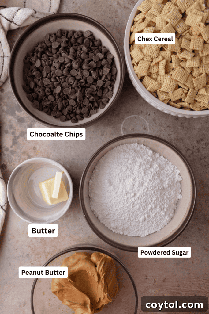 Ingredients laid out for making Muddy Buddy Bars, showcasing Chex cereal, chocolate chips, peanut butter, and powdered sugar.
