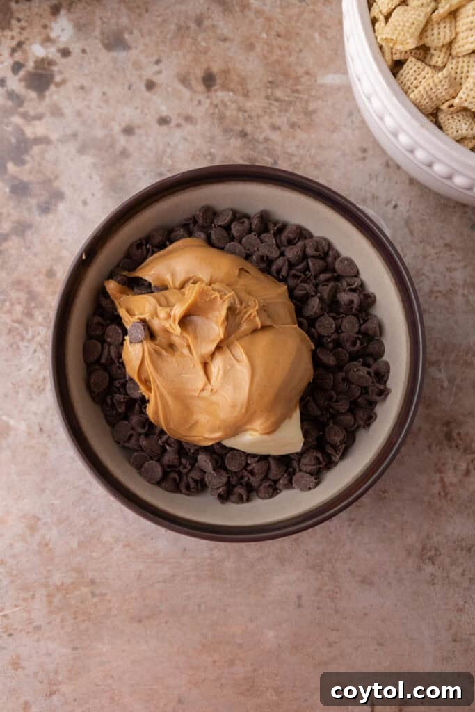 Unmixed ingredients in a bowl, showing chocolate chips, peanut butter, and butter before melting.