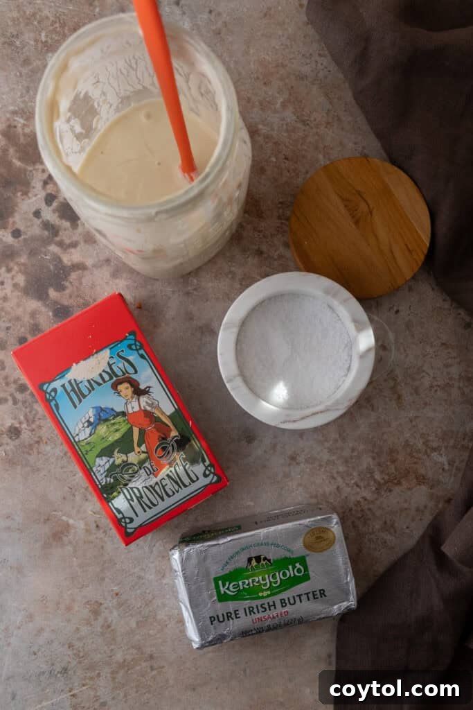 Three simple ingredients for sourdough discard crackers: sourdough discard, melted butter, and salt.