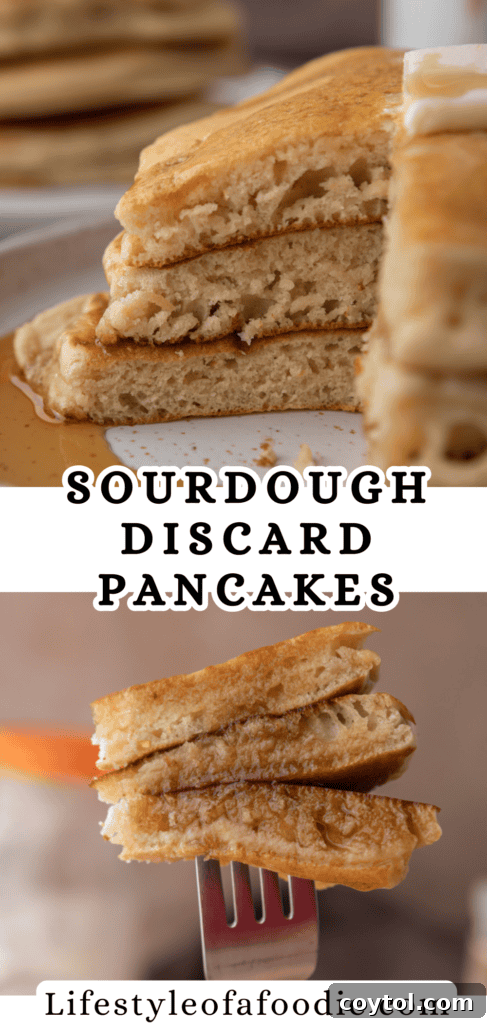 A beautifully styled image of a stack of Sourdough discard pancakes with syrup and fruit, perfect for pinning.
