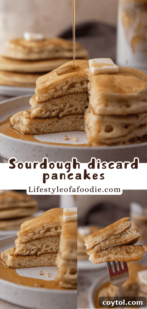 A striking close-up of Sourdough discard pancakes, ideal for a Pinterest pin.