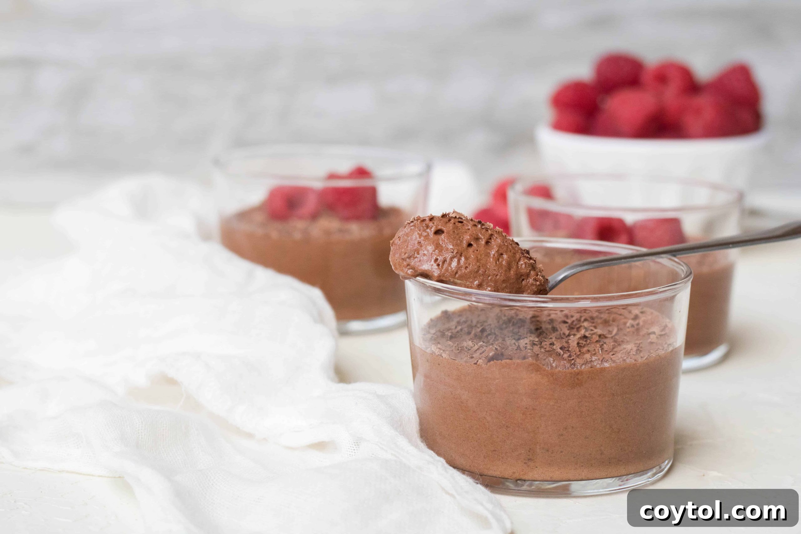 Exquisitely light and airy vegan chocolate mousse made with aquafaba, topped with fresh raspberries and chocolate shavings, perfect for a decadent, dairy-free dessert.