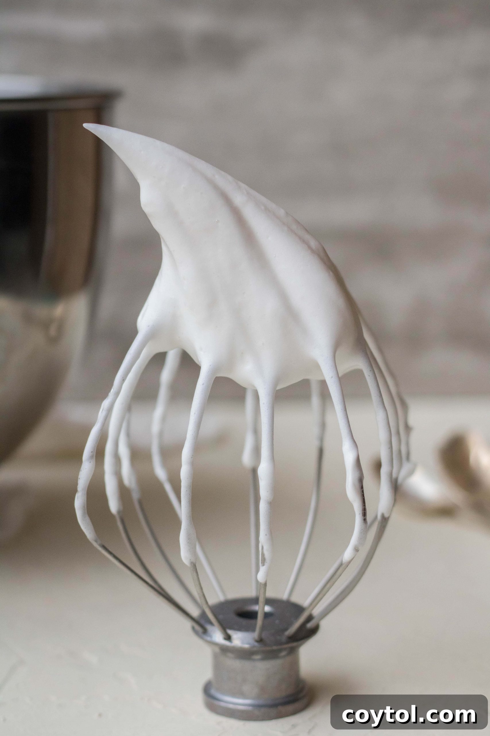 Close-up of perfectly whipped aquafaba in a stand mixer bowl, showing stiff peaks that hold their shape.
