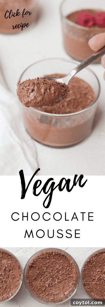 A vibrant and appetizing pin for vegan chocolate mousse, featuring the dessert in a glass with raspberries.