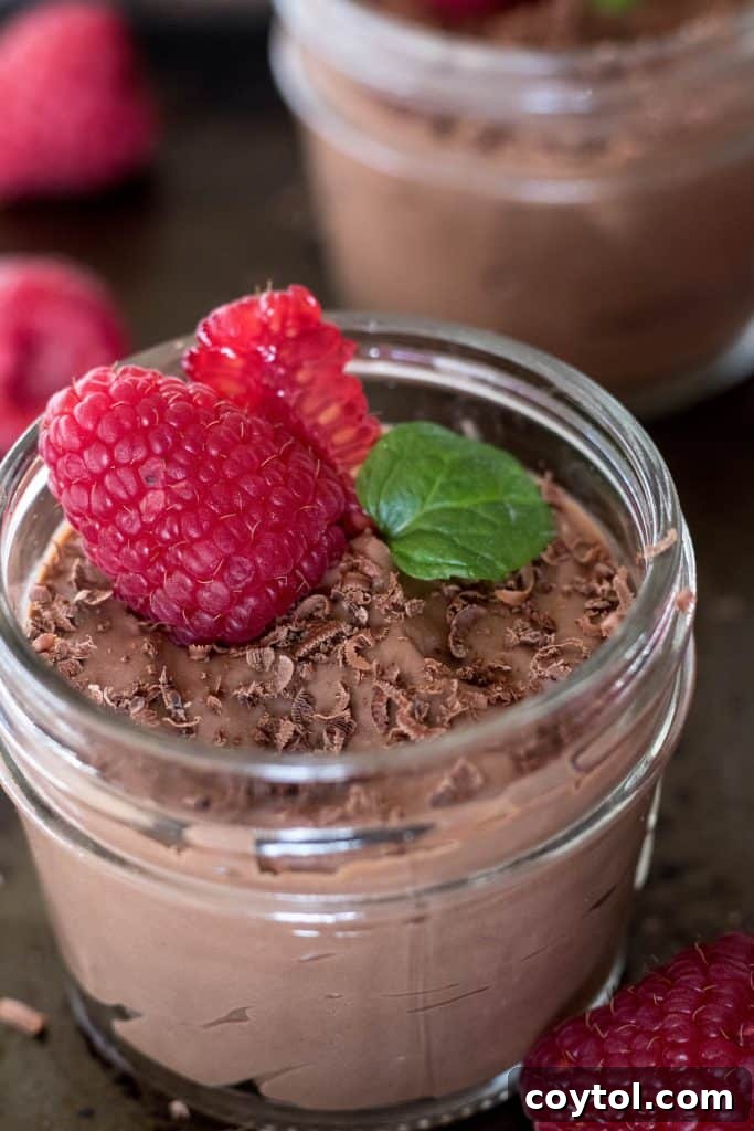 Rich and creamy chocolate tofu mousse served in a small clear glass with a spoon, garnished with chocolate shavings.