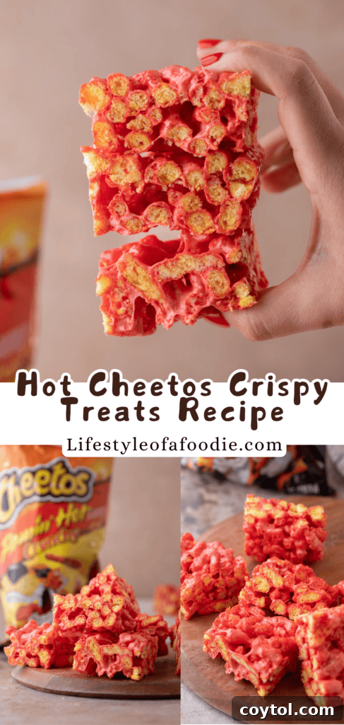 Pinterest pin for Hot Cheetos Marshmallow Crispy Treats recipe
