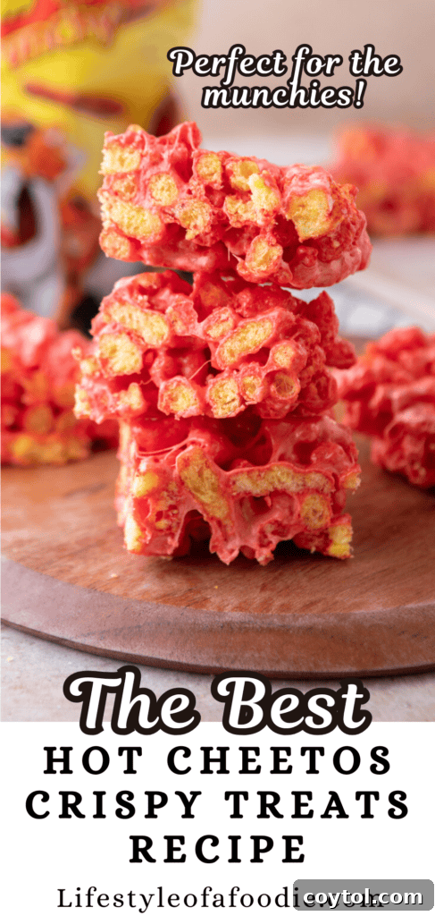 Pinterest pin for Hot Cheetos Marshmallow Crispy Treats recipe inspiration