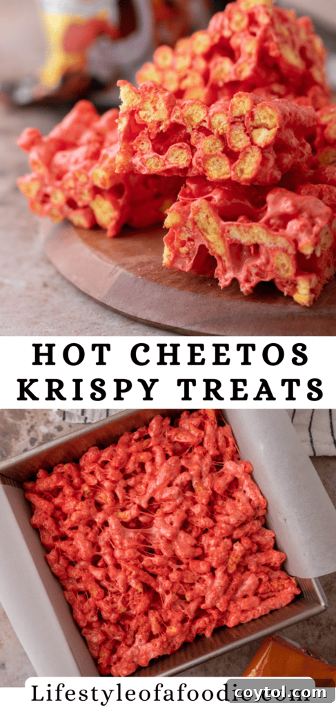 Pinterest pin for creative Hot Cheetos Marshmallow Crispy Treats recipe