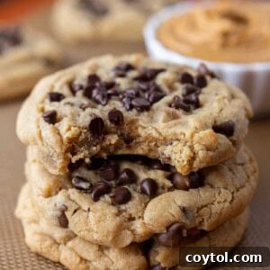 Peanut Butter Chocolate Chip Cookies stacked on top of each other