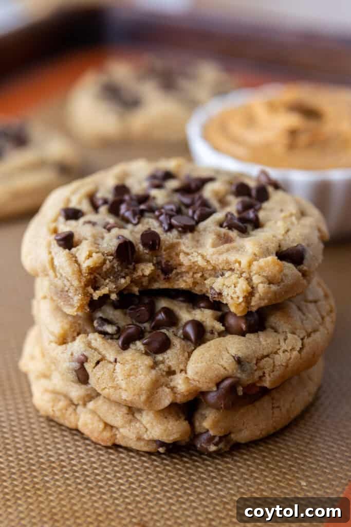 Freshly baked Peanut Butter Chocolate Chip Cookies stacked on a cooling rack