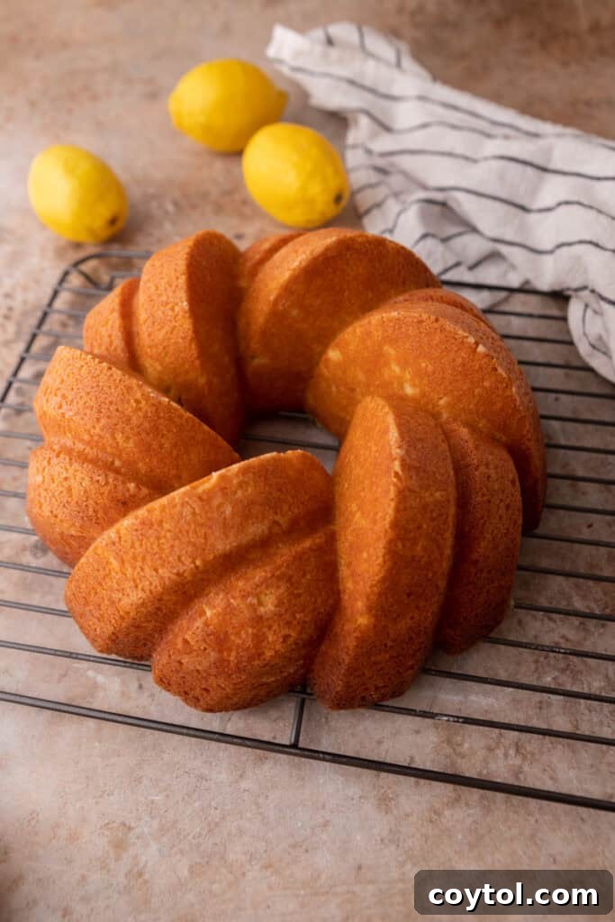 Zesty & Moist Lemon Bundt Perfection 13 The lemon bundt cake, infused with syrup, cooling on a wire rack