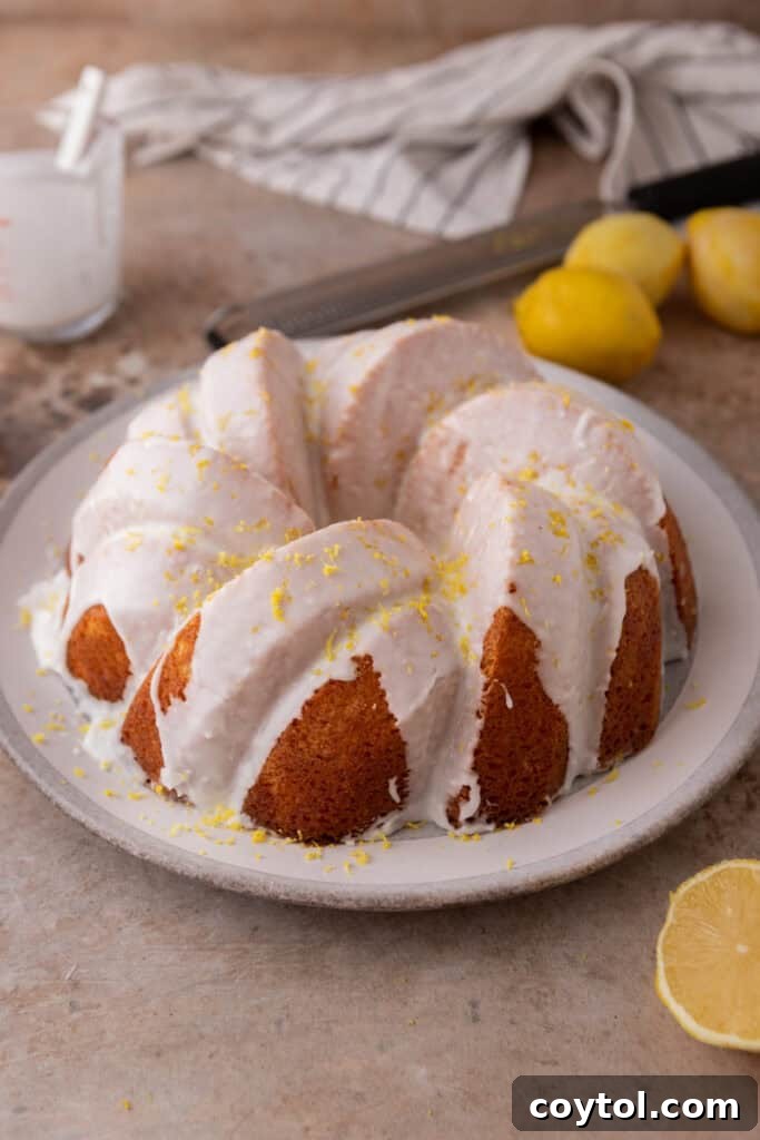 Zesty & Moist Lemon Bundt Perfection 14 A fully glazed lemon bundt cake, beautifully decorated and ready to serve