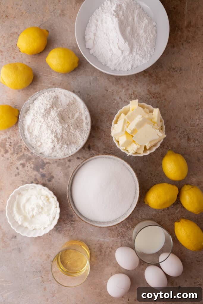 Zesty & Moist Lemon Bundt Perfection 3 All the fresh ingredients for the lemon bundt cake recipe laid out on a kitchen counter, including lemons, flour, butter, and eggs.