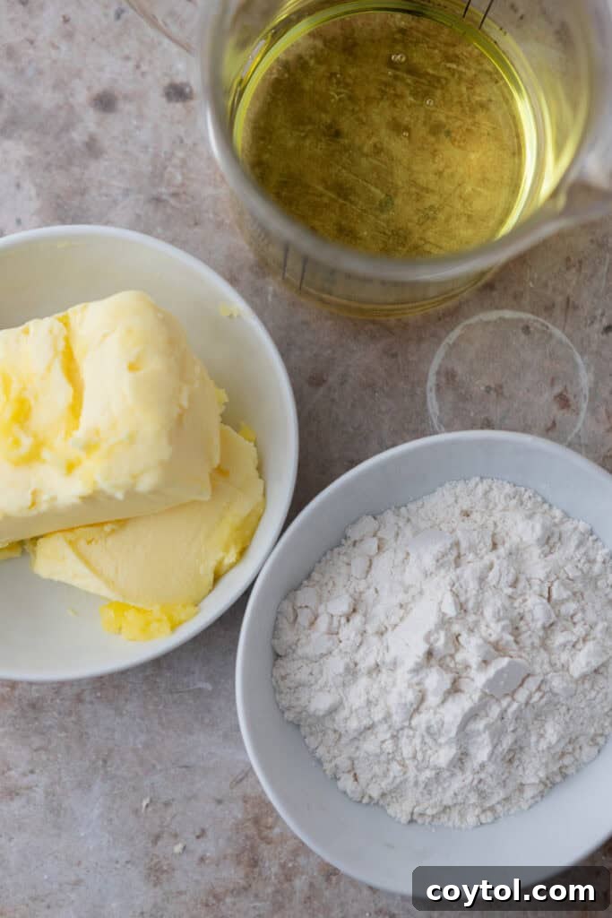 Three simple ingredients for homemade cake release: flour, vegetable oil, and vegetable shortening