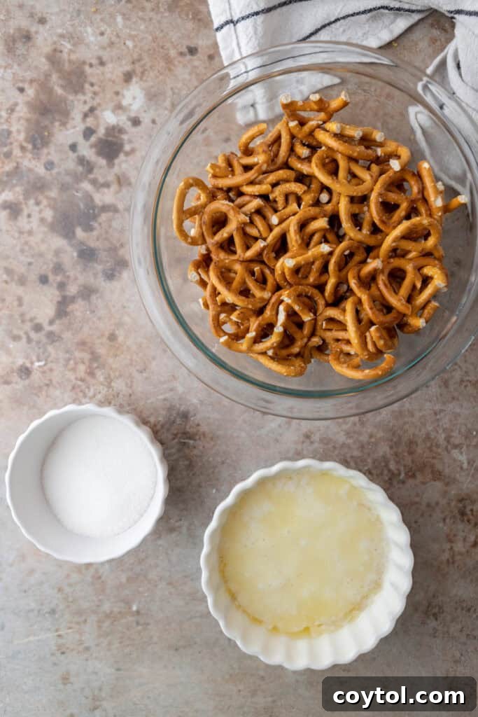 The Ultimate Salty Sweet Pretzel Pie Crust 3 Close-up of pretzel pie crust ingredients: crushed pretzels, butter, and sugar laid out on a surface.