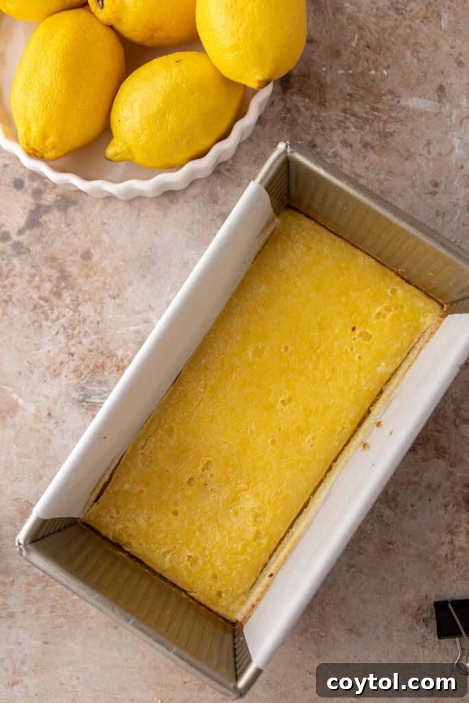 The lemon bars after baking, with the filling set and edges golden brown, still in the pan.