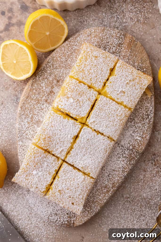Finished small batch lemon bars recipe, perfectly cut into squares and dusted with powdered sugar.